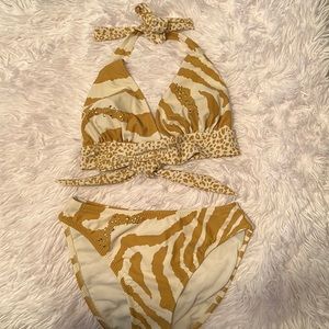 Cute resort style swim suit - cream and tan animal print with little rhinestones